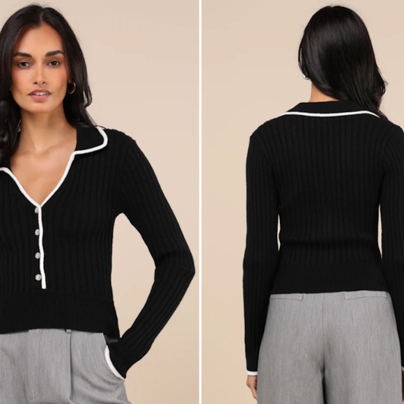 LULUS Chic Black and White Long Sleeve Ribbed Knit Cozy Casual Cardigan - Picture 4 of 5